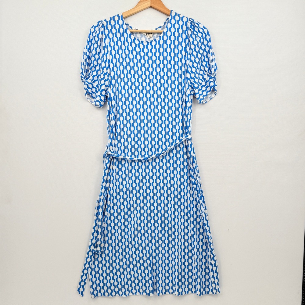 Boden Geometric Midi Dress Womens 10 Long Blue White Puff Sleeve Mod Cottagecore